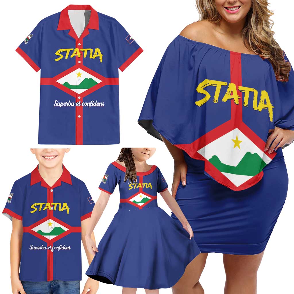 Personalised Statia Family Matching Off Shoulder Short Dress and Hawaiian Shirt Sint Eustatius Coat Of Arms