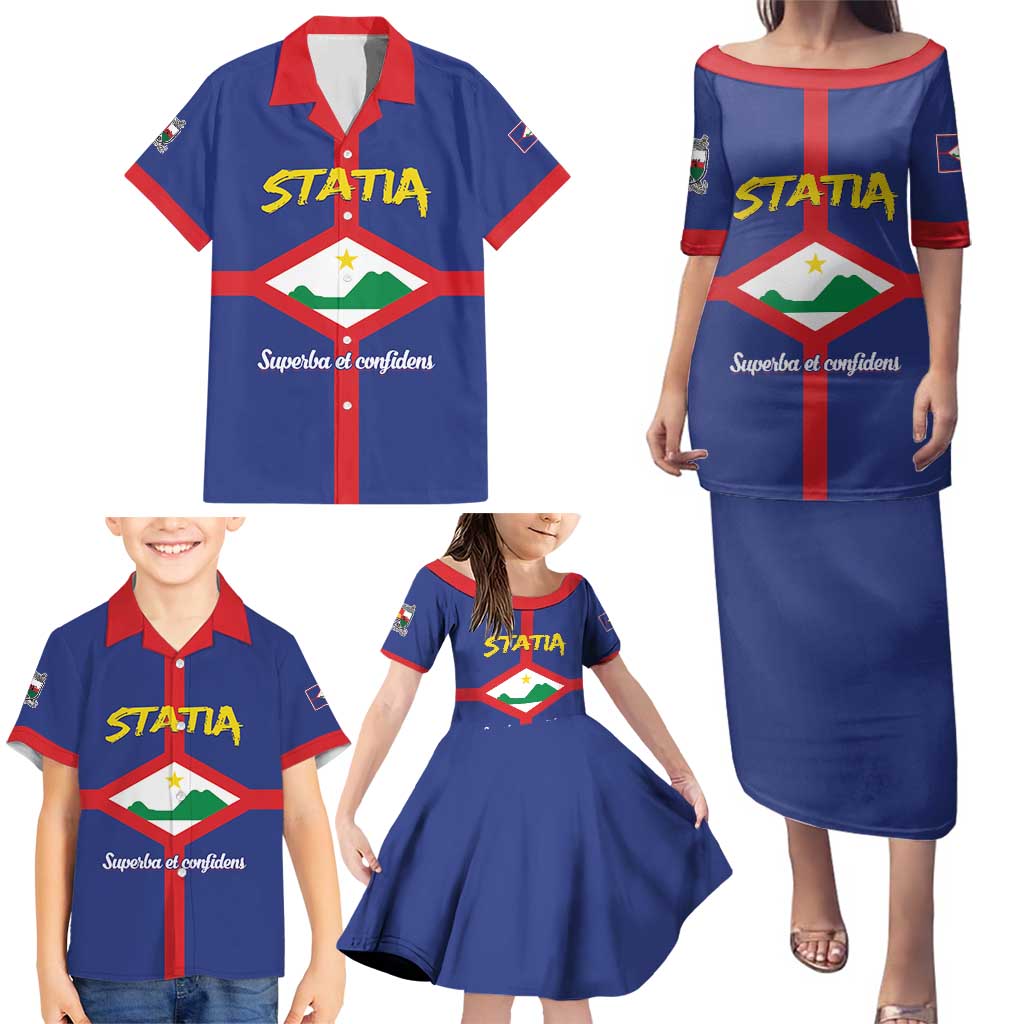 Personalised Statia Family Matching Puletasi and Hawaiian Shirt Sint Eustatius Coat Of Arms