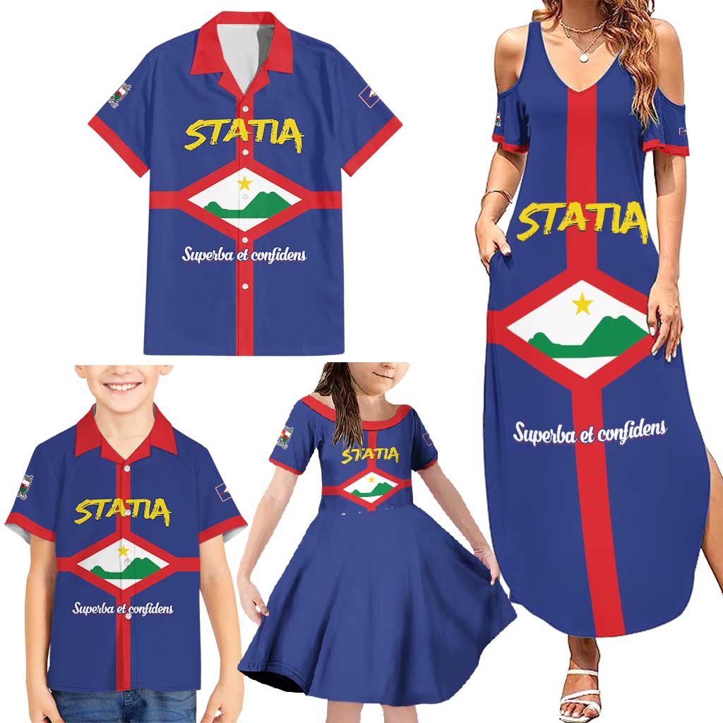 Personalised Statia Family Matching Summer Maxi Dress and Hawaiian Shirt Sint Eustatius Coat Of Arms