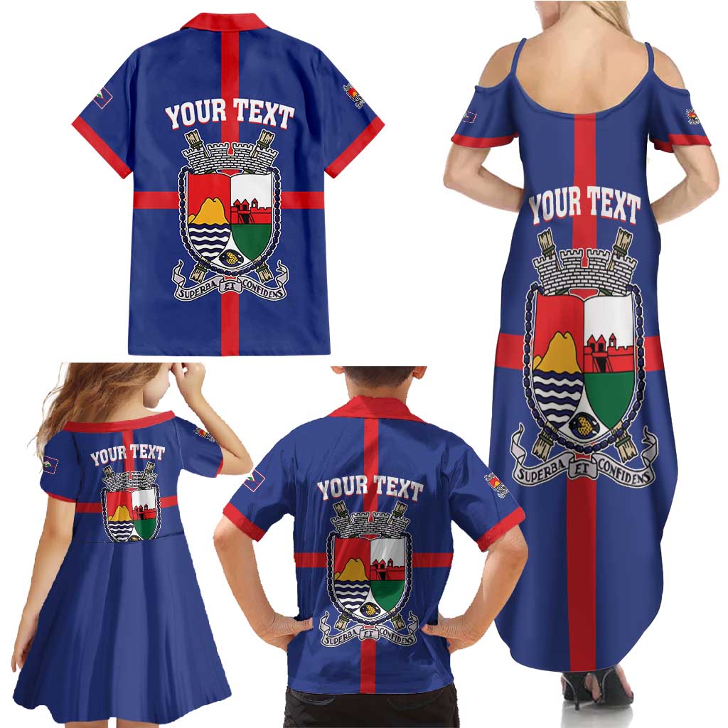 Personalised Statia Family Matching Summer Maxi Dress and Hawaiian Shirt Sint Eustatius Coat Of Arms
