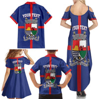 Personalised Statia Family Matching Summer Maxi Dress and Hawaiian Shirt Sint Eustatius Coat Of Arms