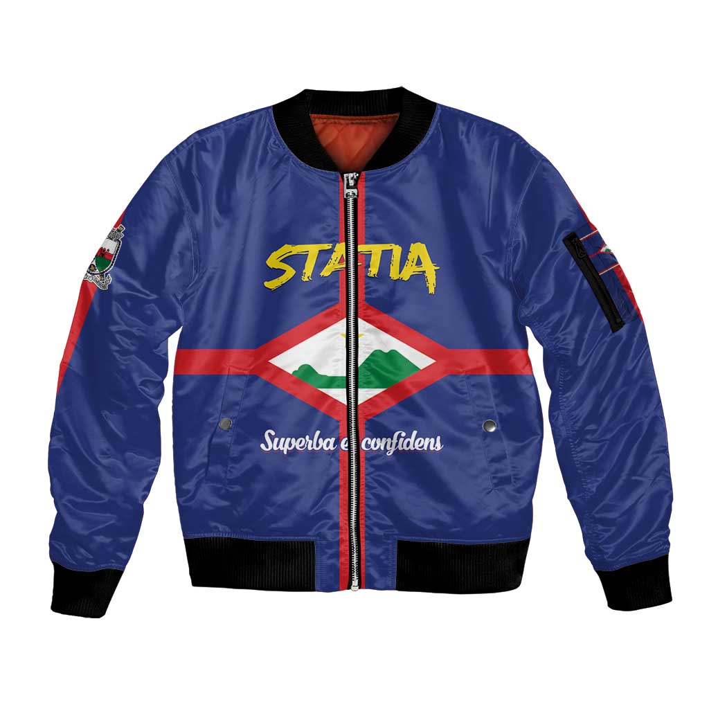 Personalised Statia Sleeve Zip Bomber Jacket Sint Eustatius Coat Of Arms - Wonder Print Shop