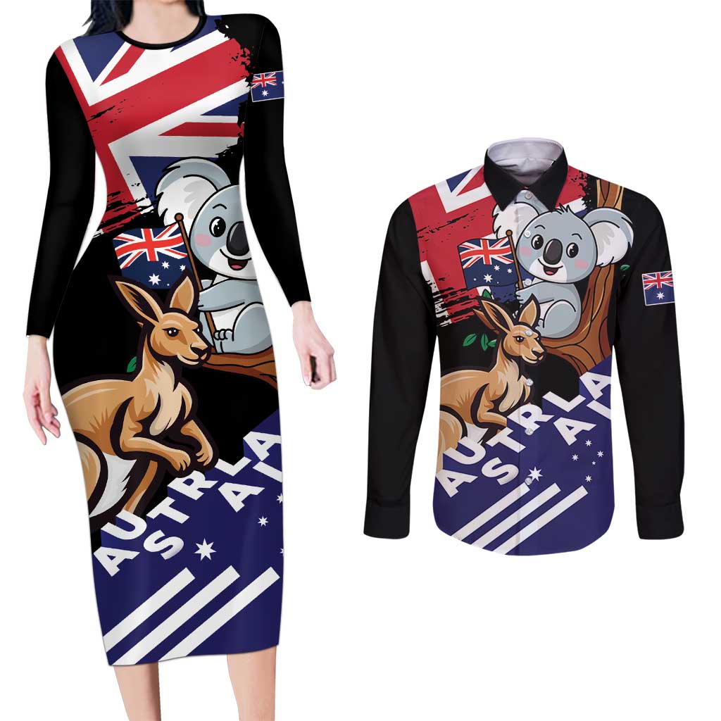 Personalised Australia Kangaroo Koala Together Couples Matching Long Sleeve Bodycon Dress and Long Sleeve Button Shirt Special Edition