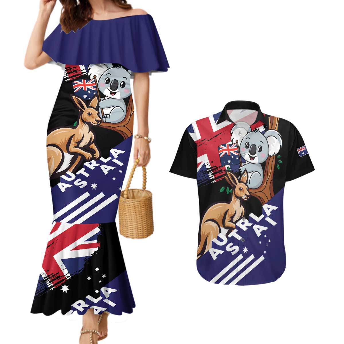 Personalised Australia Kangaroo Koala Together Couples Matching Mermaid Dress and Hawaiian Shirt Special Edition