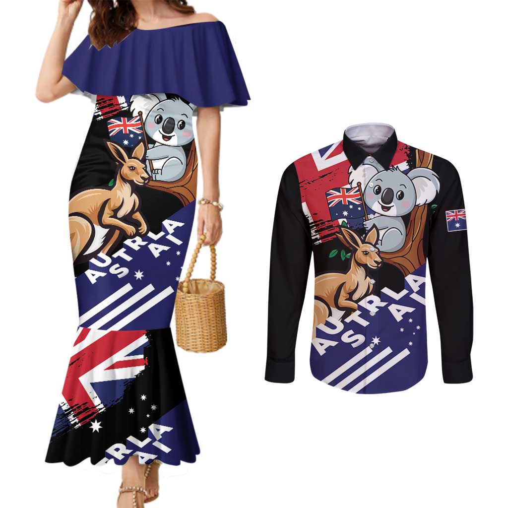 Personalised Australia Kangaroo Koala Together Couples Matching Mermaid Dress and Long Sleeve Button Shirt Special Edition
