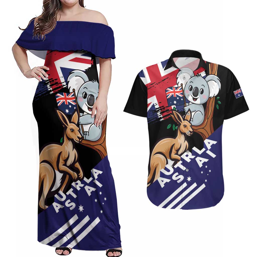 Personalised Australia Kangaroo Koala Together Couples Matching Off Shoulder Maxi Dress and Hawaiian Shirt Special Edition