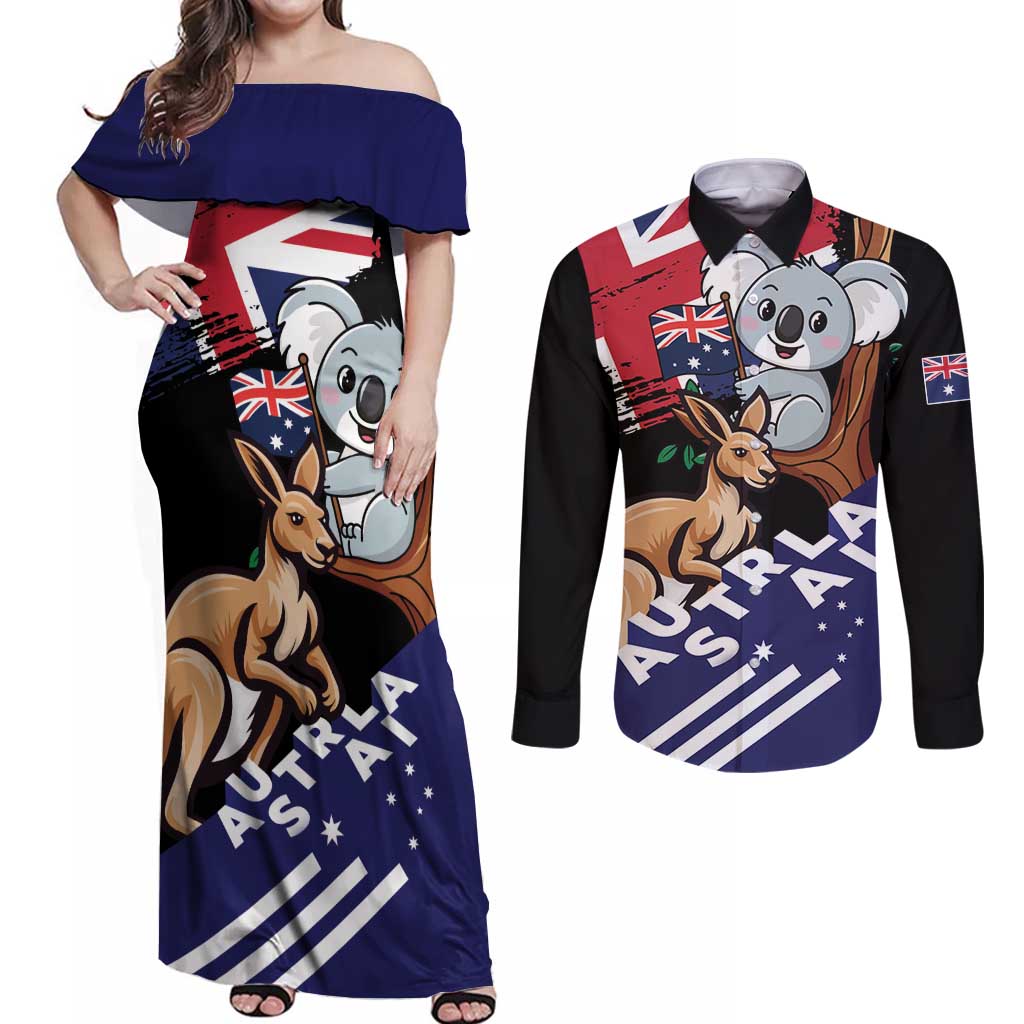 Personalised Australia Kangaroo Koala Together Couples Matching Off Shoulder Maxi Dress and Long Sleeve Button Shirt Special Edition