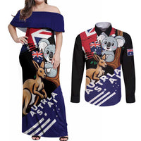 Personalised Australia Kangaroo Koala Together Couples Matching Off Shoulder Maxi Dress and Long Sleeve Button Shirt Special Edition