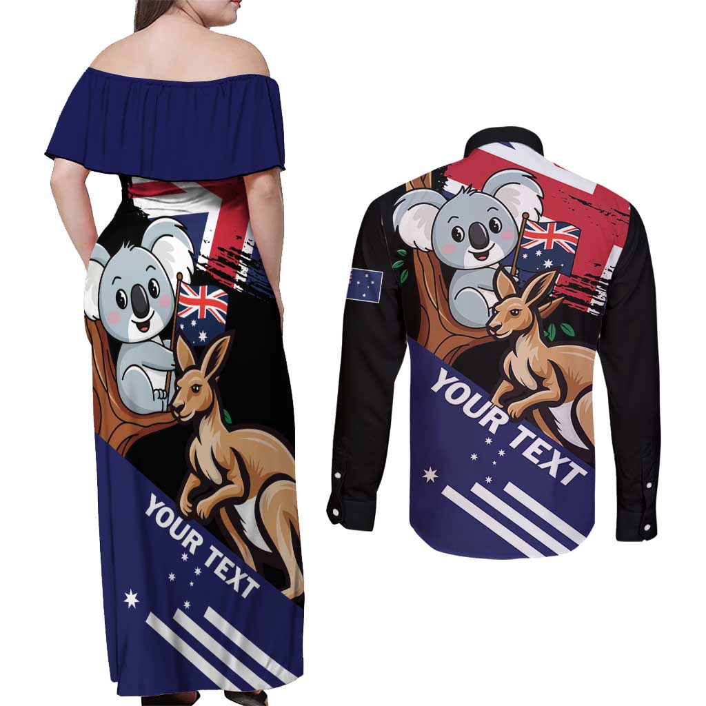 Personalised Australia Kangaroo Koala Together Couples Matching Off Shoulder Maxi Dress and Long Sleeve Button Shirt Special Edition