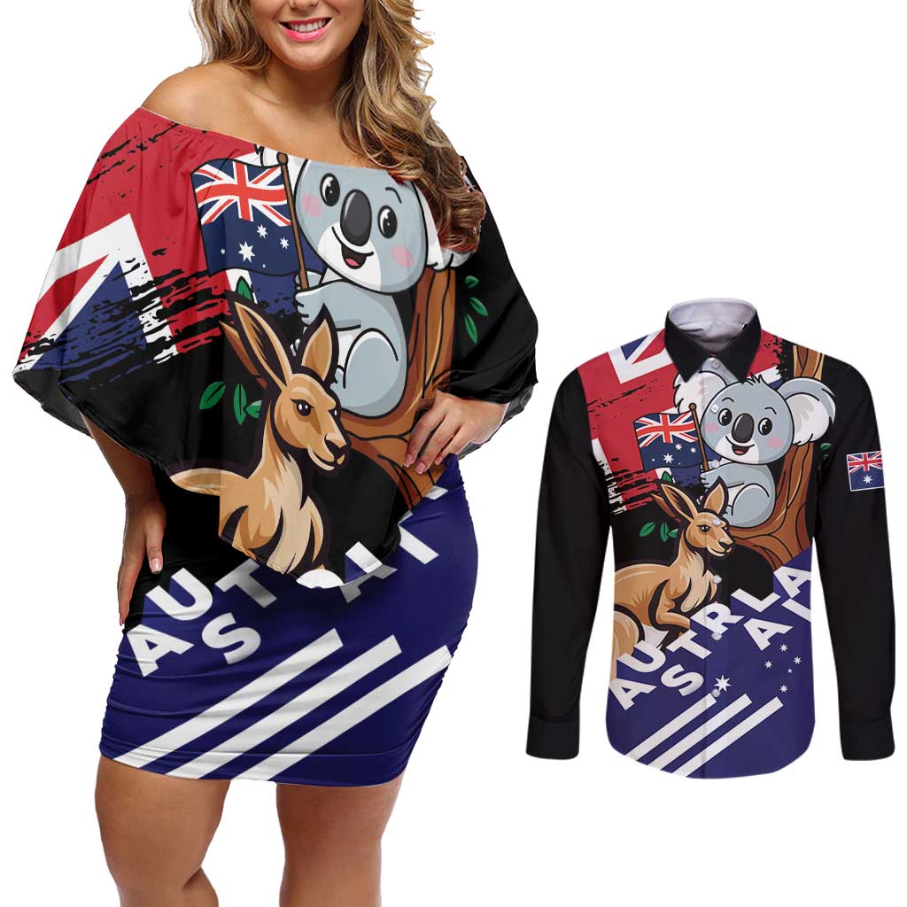 Personalised Australia Kangaroo Koala Together Couples Matching Off Shoulder Short Dress and Long Sleeve Button Shirt Special Edition
