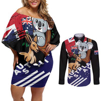 Personalised Australia Kangaroo Koala Together Couples Matching Off Shoulder Short Dress and Long Sleeve Button Shirt Special Edition
