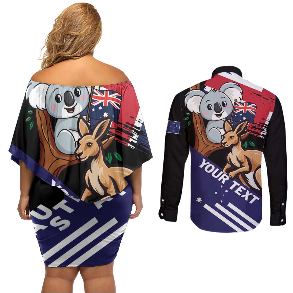 Personalised Australia Kangaroo Koala Together Couples Matching Off Shoulder Short Dress and Long Sleeve Button Shirt Special Edition