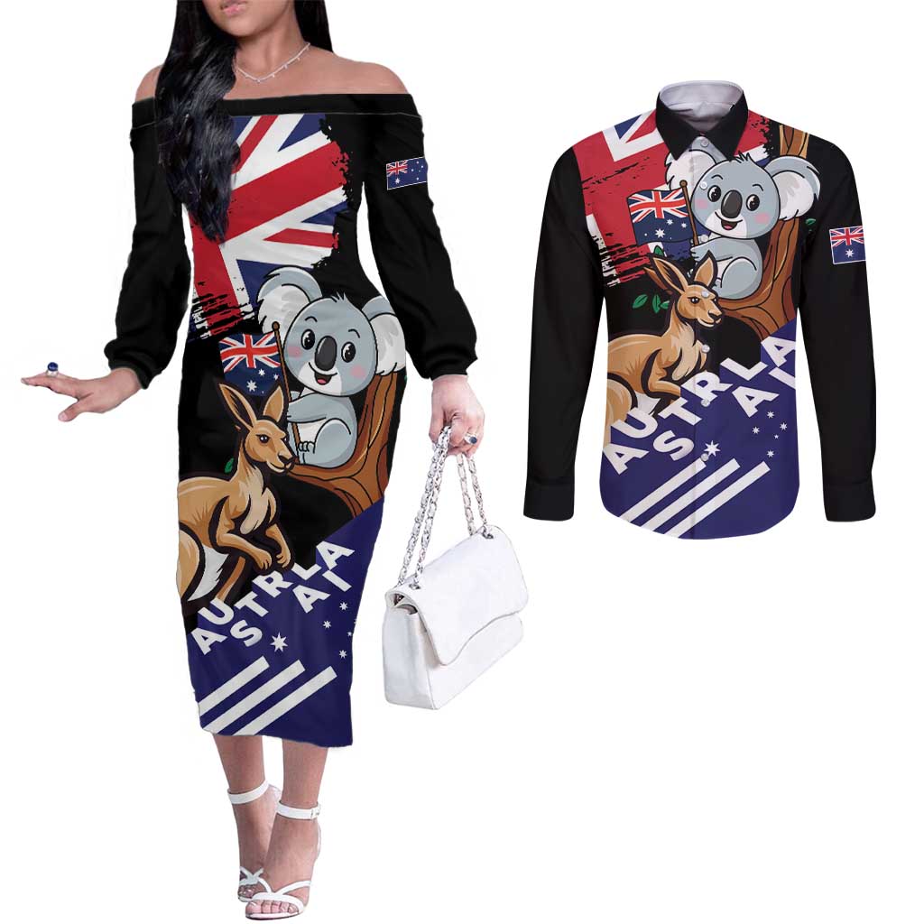 Personalised Australia Kangaroo Koala Together Couples Matching Off The Shoulder Long Sleeve Dress and Long Sleeve Button Shirt Special Edition