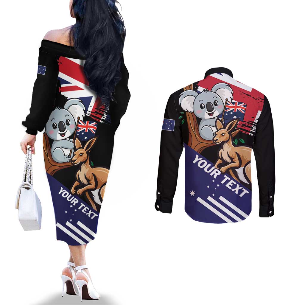 Personalised Australia Kangaroo Koala Together Couples Matching Off The Shoulder Long Sleeve Dress and Long Sleeve Button Shirt Special Edition