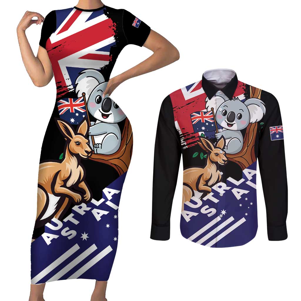 Personalised Australia Kangaroo Koala Together Couples Matching Short Sleeve Bodycon Dress and Long Sleeve Button Shirt Special Edition