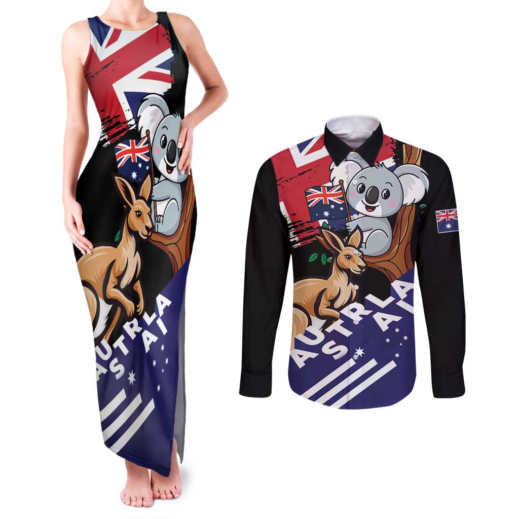 Personalised Australia Kangaroo Koala Together Couples Matching Tank Maxi Dress and Long Sleeve Button Shirt Special Edition