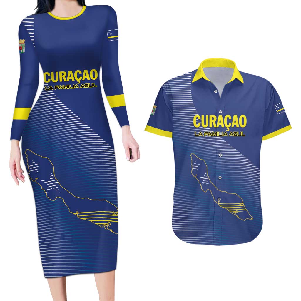 Custom Curacao Football Couples Matching Long Sleeve Bodycon Dress and Hawaiian Shirt La Familia Azul Go Champion
