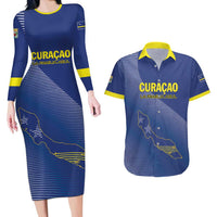 Custom Curacao Football Couples Matching Long Sleeve Bodycon Dress and Hawaiian Shirt La Familia Azul Go Champion