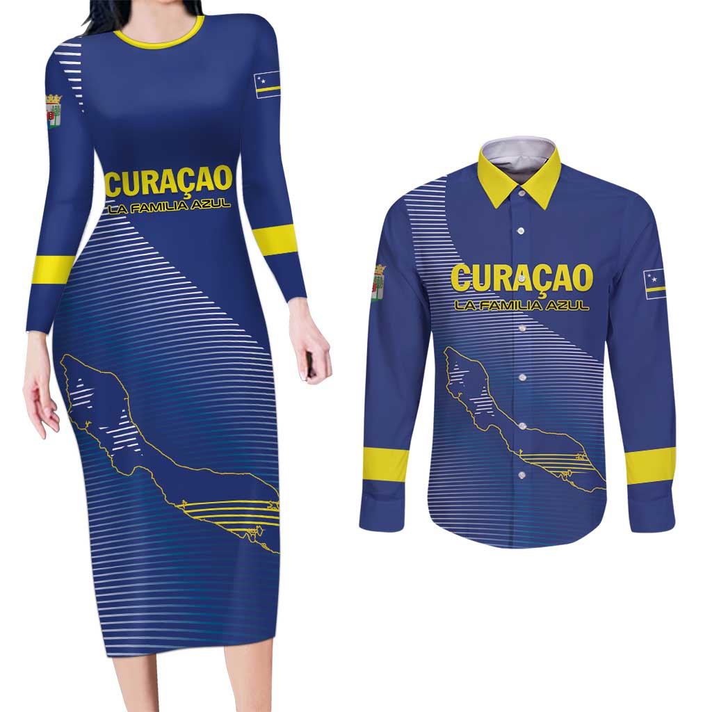 Custom Curacao Football Couples Matching Long Sleeve Bodycon Dress and Long Sleeve Button Shirt La Familia Azul Go Champion