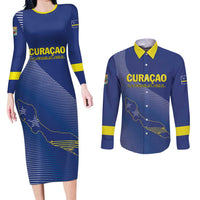 Custom Curacao Football Couples Matching Long Sleeve Bodycon Dress and Long Sleeve Button Shirt La Familia Azul Go Champion