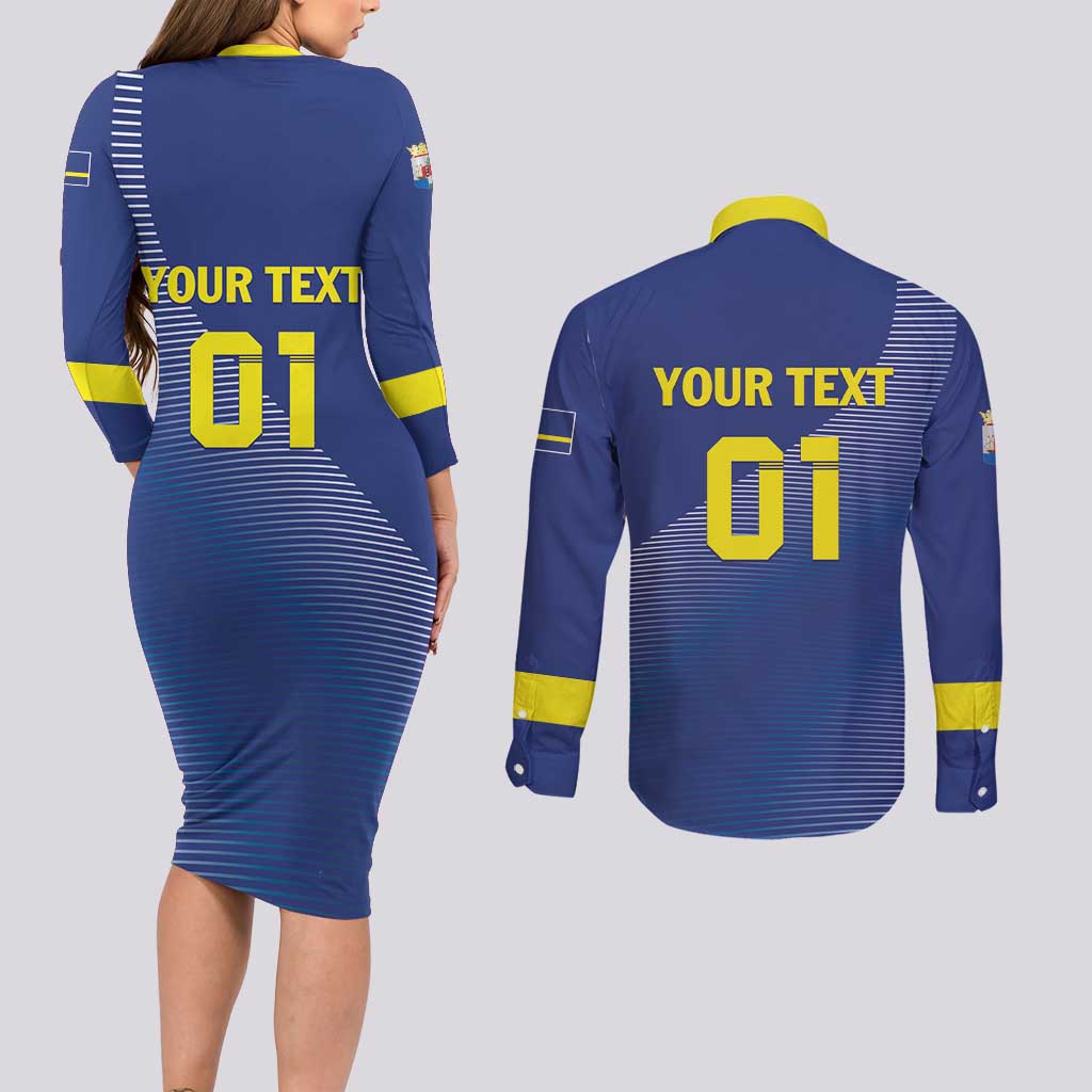 Custom Curacao Football Couples Matching Long Sleeve Bodycon Dress and Long Sleeve Button Shirt La Familia Azul Go Champion