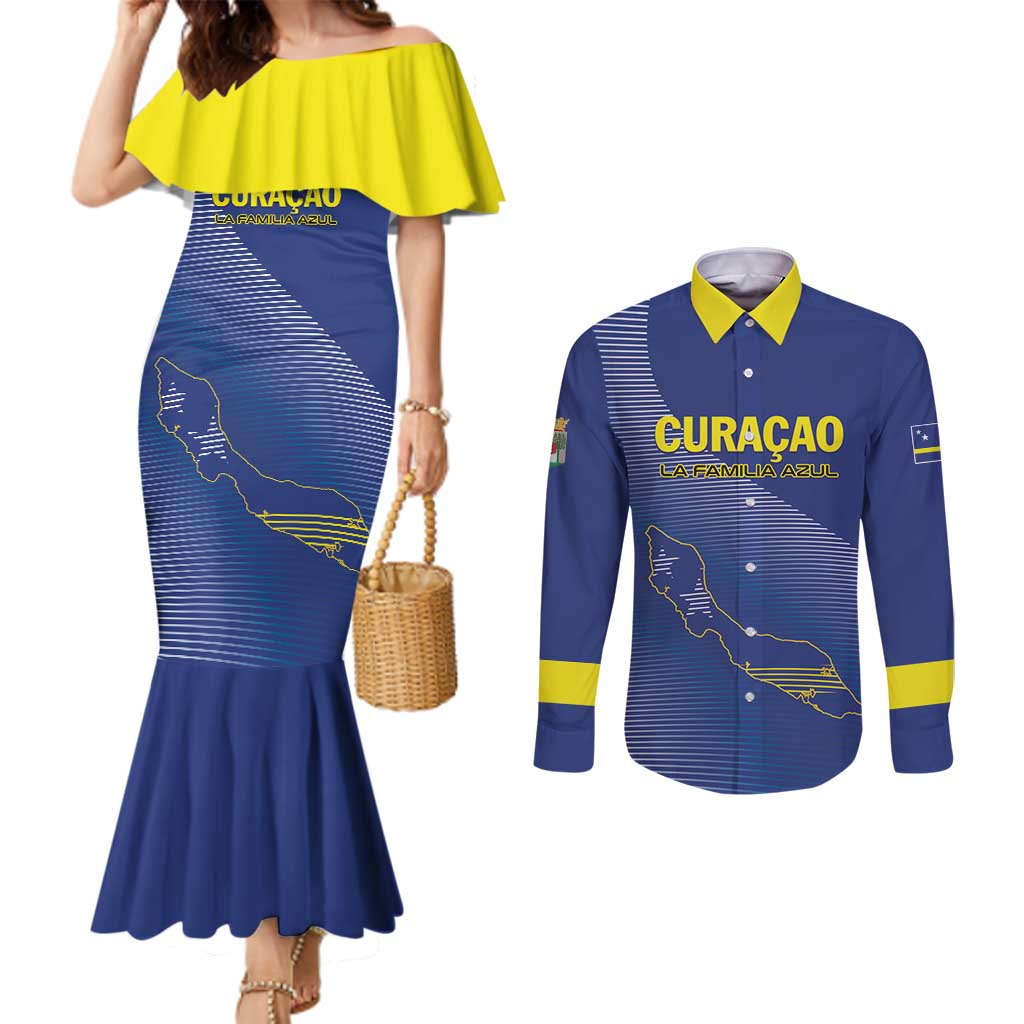 Custom Curacao Football Couples Matching Mermaid Dress and Long Sleeve Button Shirt La Familia Azul Go Champion