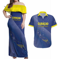 Custom Curacao Football Couples Matching Off Shoulder Maxi Dress and Hawaiian Shirt La Familia Azul Go Champion