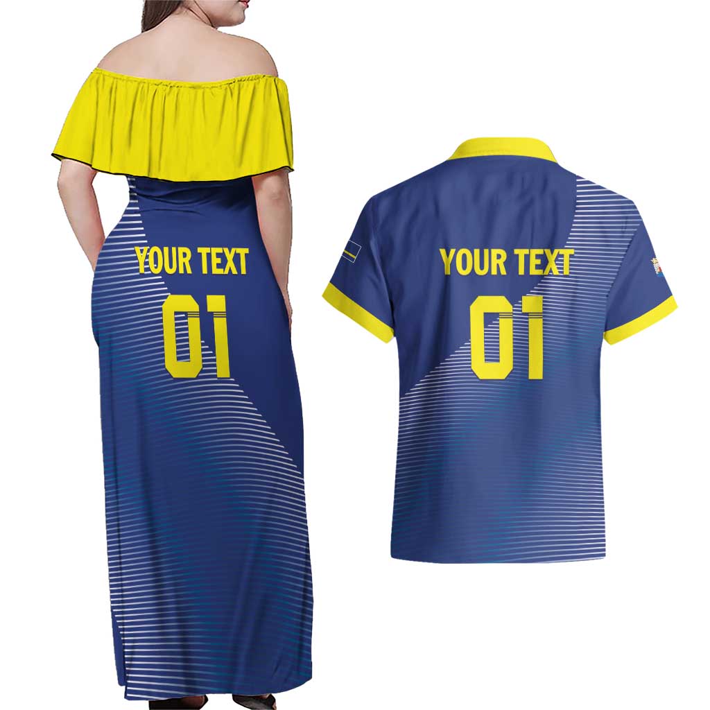 Custom Curacao Football Couples Matching Off Shoulder Maxi Dress and Hawaiian Shirt La Familia Azul Go Champion