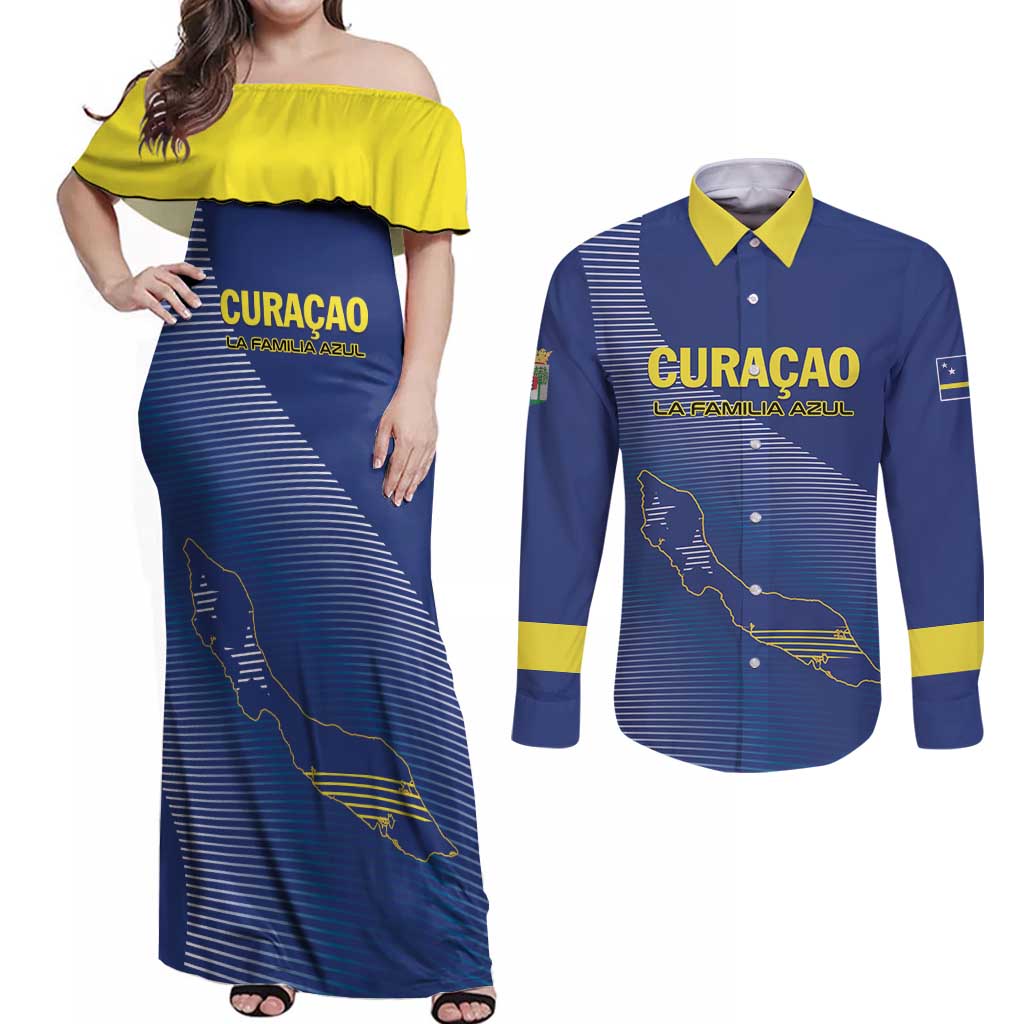 Custom Curacao Football Couples Matching Off Shoulder Maxi Dress and Long Sleeve Button Shirt La Familia Azul Go Champion