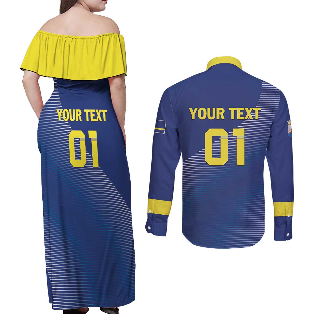 Custom Curacao Football Couples Matching Off Shoulder Maxi Dress and Long Sleeve Button Shirt La Familia Azul Go Champion