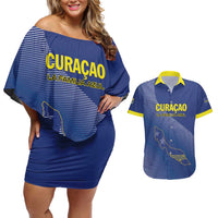 Custom Curacao Football Couples Matching Off Shoulder Short Dress and Hawaiian Shirt La Familia Azul Go Champion