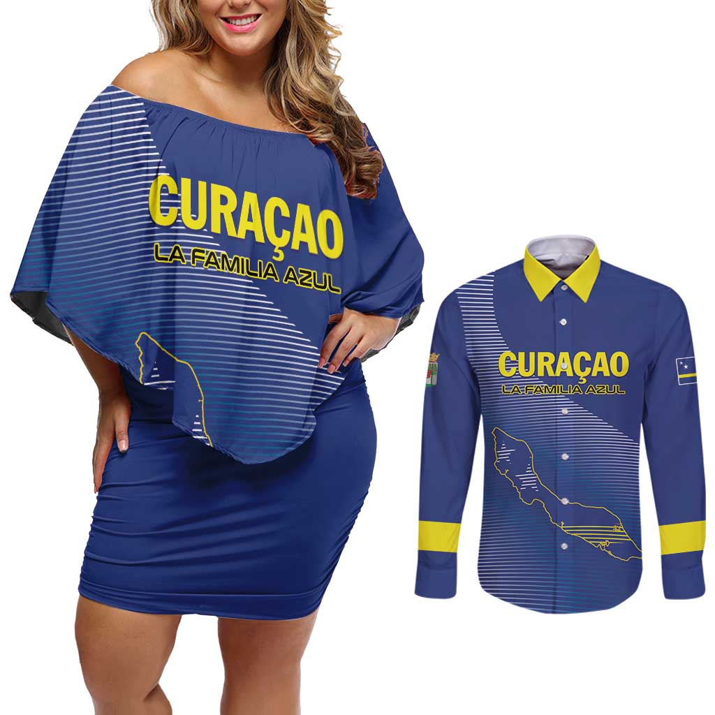 Custom Curacao Football Couples Matching Off Shoulder Short Dress and Long Sleeve Button Shirt La Familia Azul Go Champion