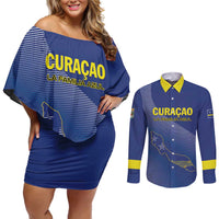Custom Curacao Football Couples Matching Off Shoulder Short Dress and Long Sleeve Button Shirt La Familia Azul Go Champion