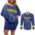 Custom Curacao Football Couples Matching Off Shoulder Short Dress and Long Sleeve Button Shirt La Familia Azul Go Champion