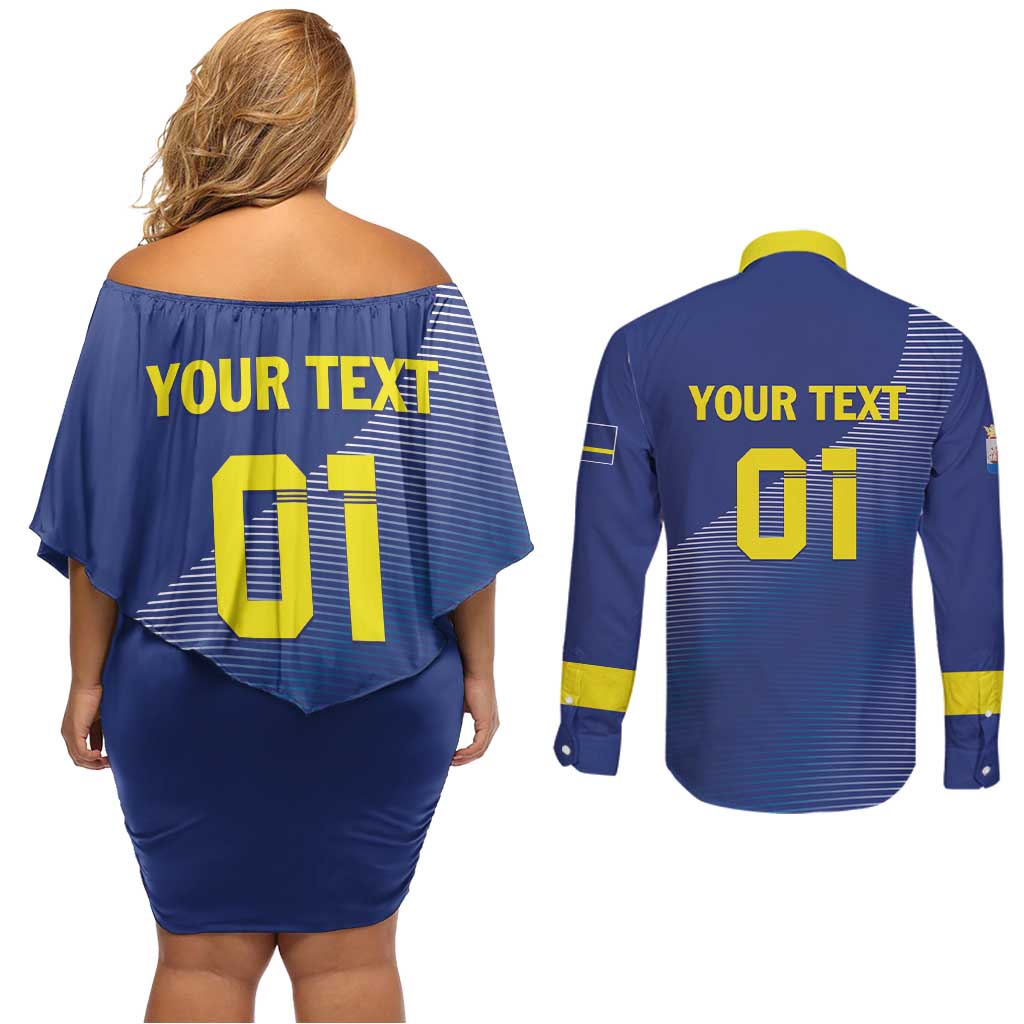 Custom Curacao Football Couples Matching Off Shoulder Short Dress and Long Sleeve Button Shirt La Familia Azul Go Champion