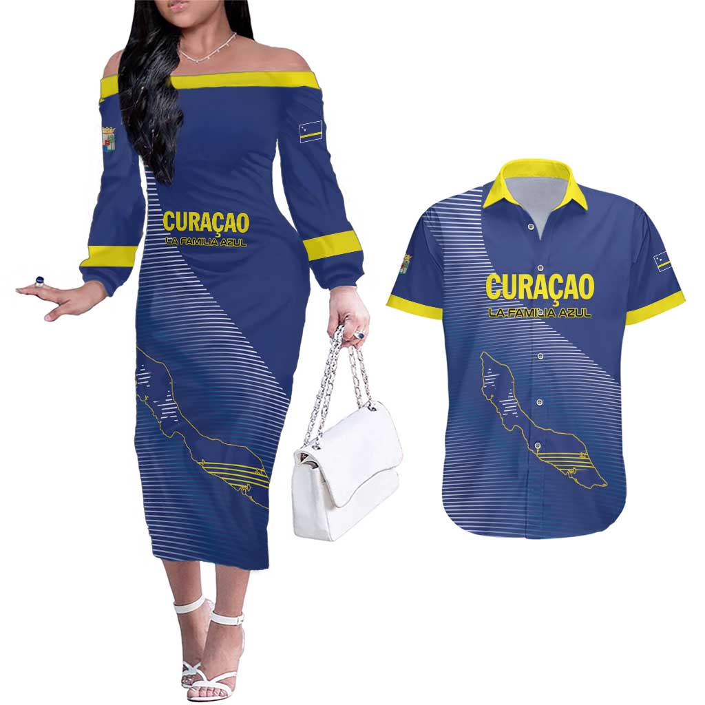Custom Curacao Football Couples Matching Off The Shoulder Long Sleeve Dress and Hawaiian Shirt La Familia Azul Go Champion