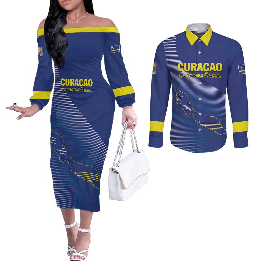 Custom Curacao Football Couples Matching Off The Shoulder Long Sleeve Dress and Long Sleeve Button Shirt La Familia Azul Go Champion