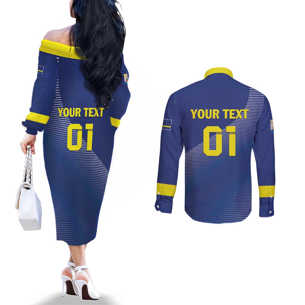 Custom Curacao Football Couples Matching Off The Shoulder Long Sleeve Dress and Long Sleeve Button Shirt La Familia Azul Go Champion