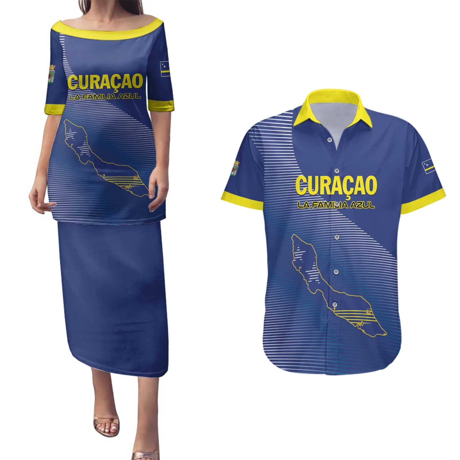 Custom Curacao Football Couples Matching Puletasi and Hawaiian Shirt La Familia Azul Go Champion