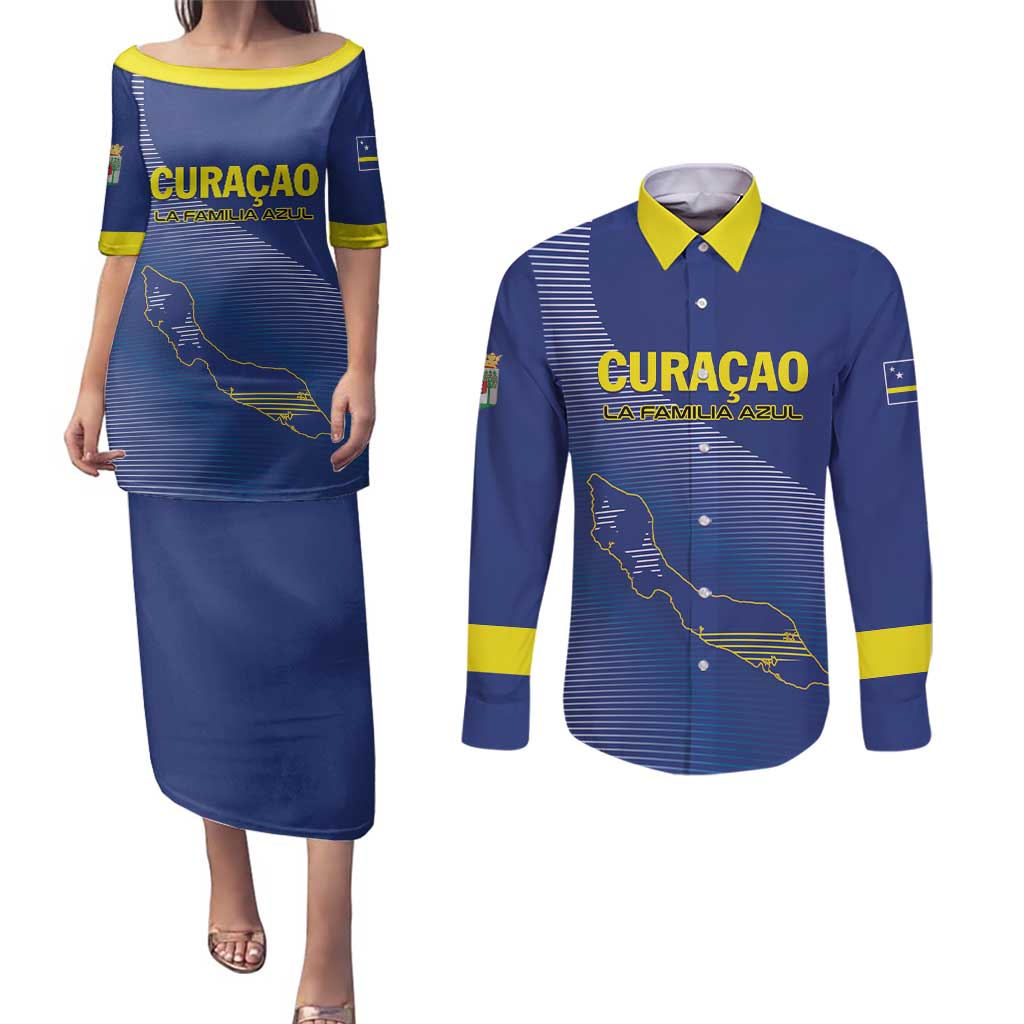 Custom Curacao Football Couples Matching Puletasi and Long Sleeve Button Shirt La Familia Azul Go Champion