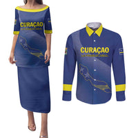 Custom Curacao Football Couples Matching Puletasi and Long Sleeve Button Shirt La Familia Azul Go Champion