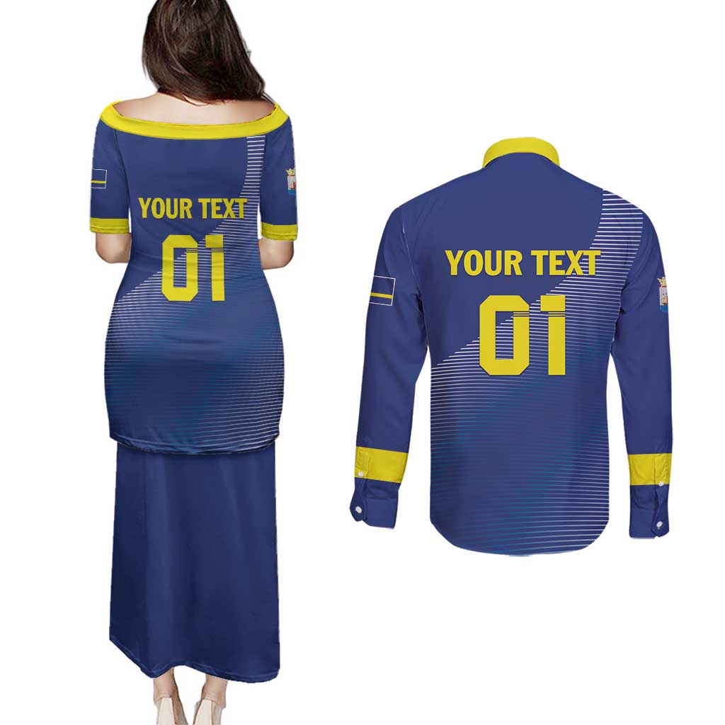 Custom Curacao Football Couples Matching Puletasi and Long Sleeve Button Shirt La Familia Azul Go Champion