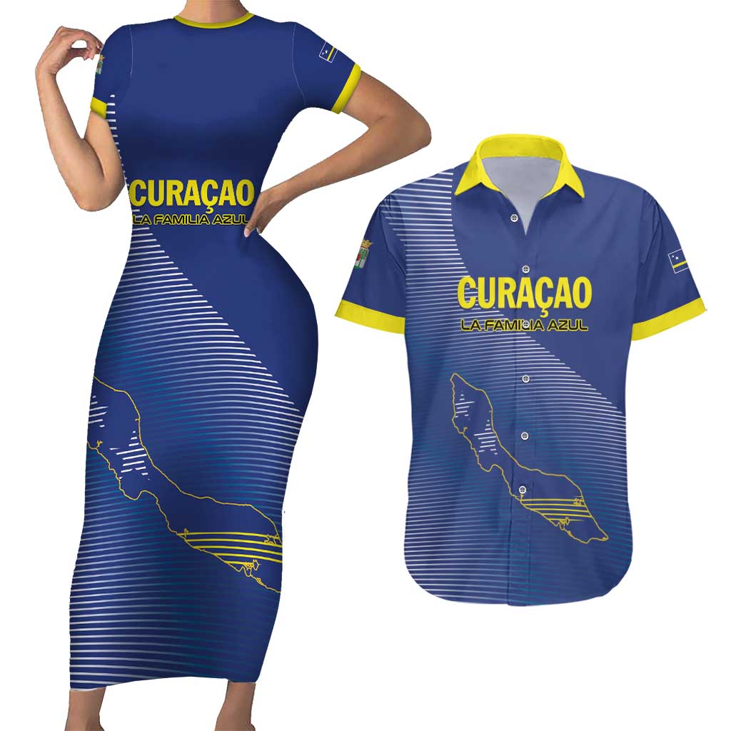 Custom Curacao Football Couples Matching Short Sleeve Bodycon Dress and Hawaiian Shirt La Familia Azul Go Champion