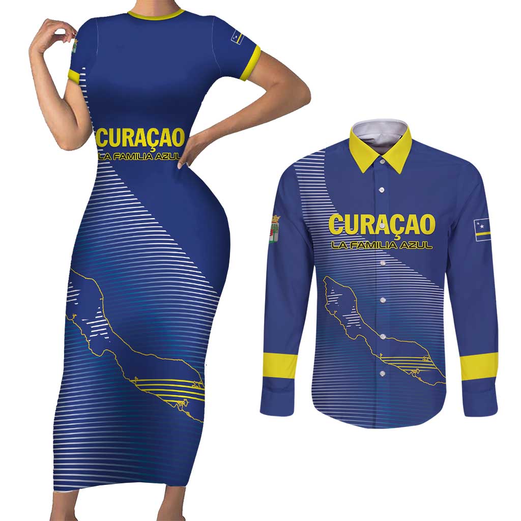 Custom Curacao Football Couples Matching Short Sleeve Bodycon Dress and Long Sleeve Button Shirt La Familia Azul Go Champion