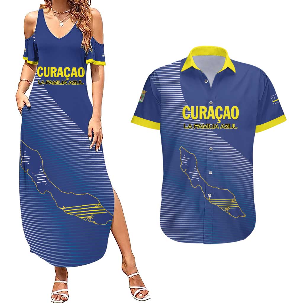 Custom Curacao Football Couples Matching Summer Maxi Dress and Hawaiian Shirt La Familia Azul Go Champion