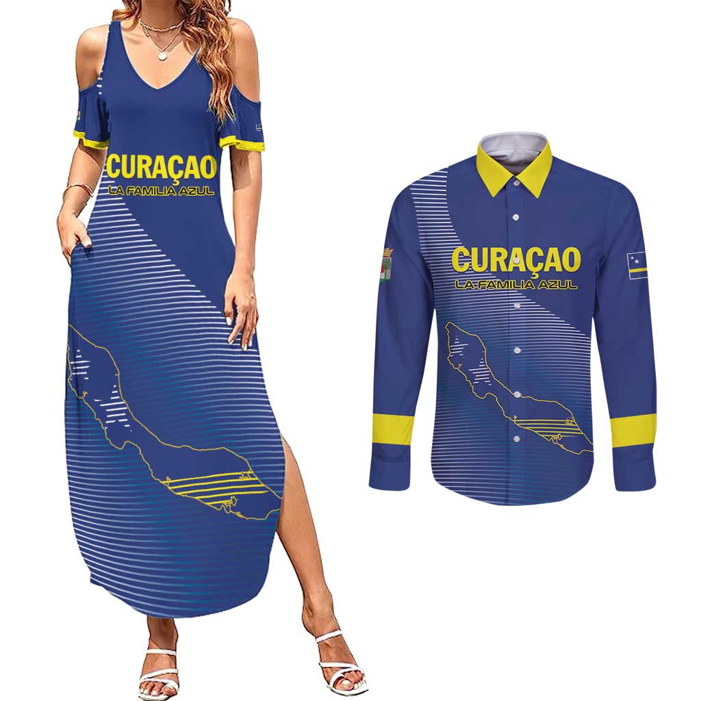 Custom Curacao Football Couples Matching Summer Maxi Dress and Long Sleeve Button Shirt La Familia Azul Go Champion