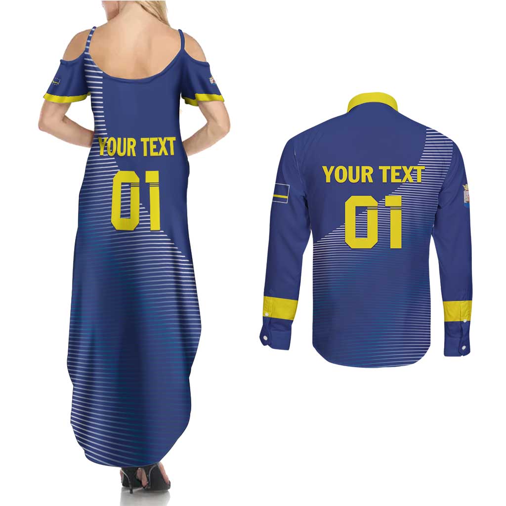 Custom Curacao Football Couples Matching Summer Maxi Dress and Long Sleeve Button Shirt La Familia Azul Go Champion