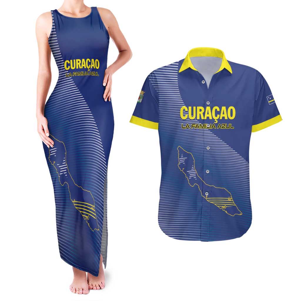 Custom Curacao Football Couples Matching Tank Maxi Dress and Hawaiian Shirt La Familia Azul Go Champion