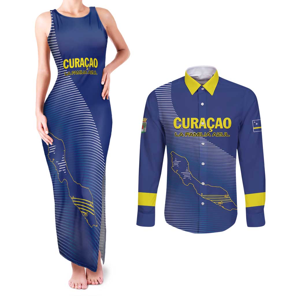 Custom Curacao Football Couples Matching Tank Maxi Dress and Long Sleeve Button Shirt La Familia Azul Go Champion