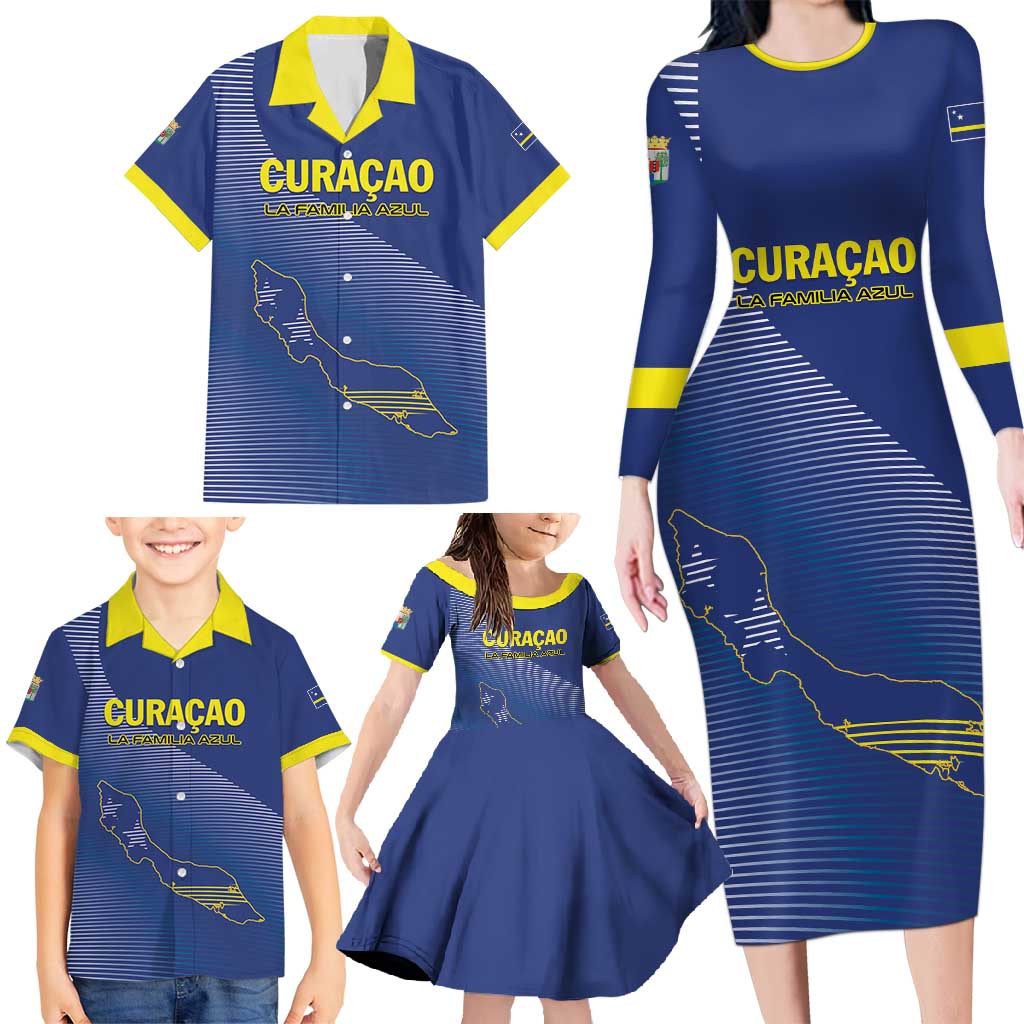 Custom Curacao Football Family Matching Long Sleeve Bodycon Dress and Hawaiian Shirt La Familia Azul Go Champion